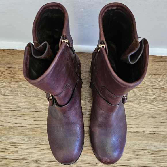 Tory Burch Chrystie genuine leather brown buckle moto boots chunky heel size 8.5 - Picture 7 of 11